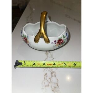 Vintage Hand Painted Floral Porcelain Footed Basket Bowl Gold Handle Signed